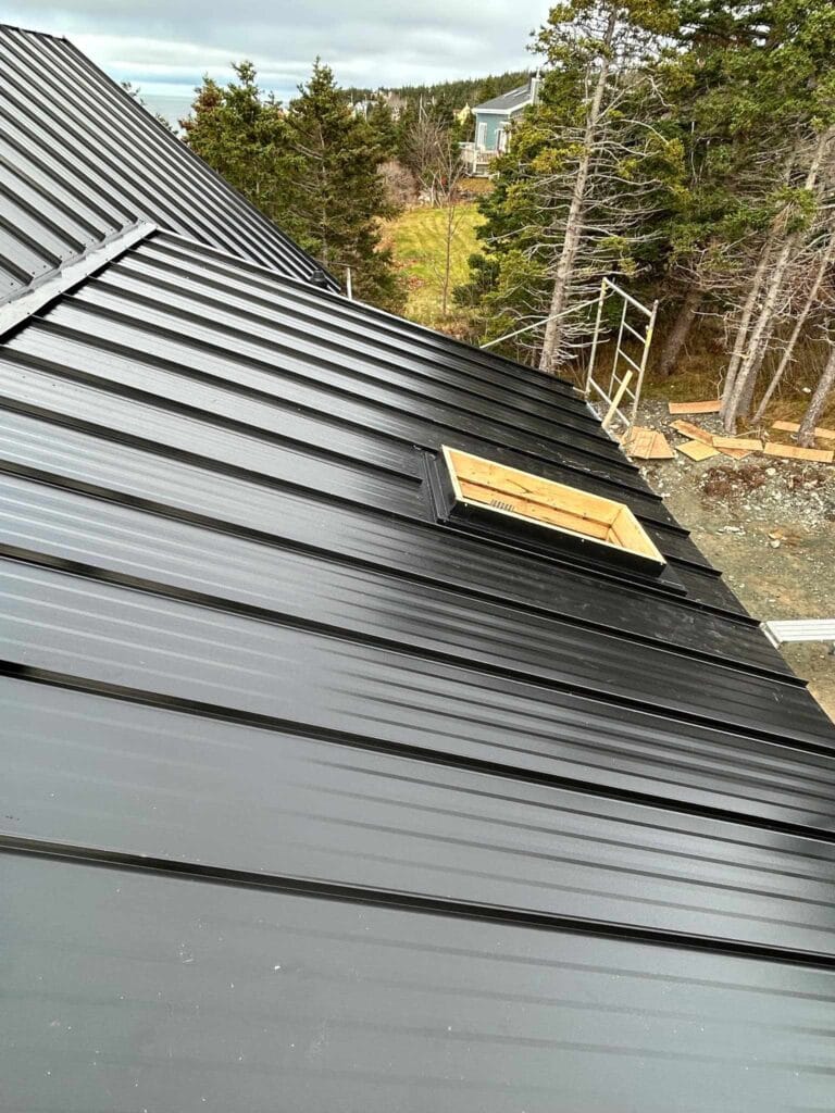 Residential black steel roof with skylight installed by Freedom Metal Roofing NL
